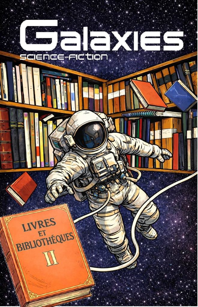 Couverture de la revue Galaxies Science-fiction "Livres et BibliothĂšques II".
Un astronaute se trouve devant une bibliothÚque suspendue dans le ciel étoilé. Quelques livres s'envolent dont un qu'il essaie d'attraper, dont le titre est "Livres et BibliothÚques II".